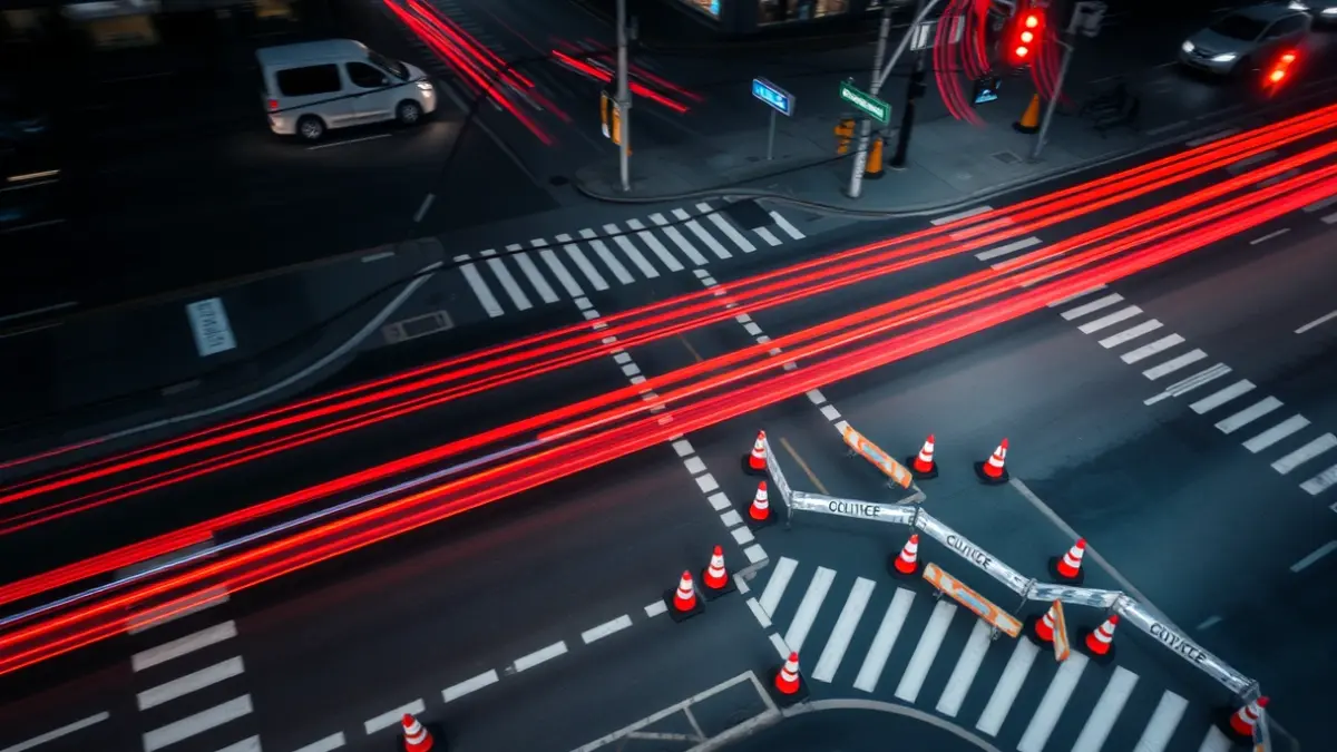 Imagen genérica de un cruce de calles con desvíos de tráfico y luces de vehículos borrosas.