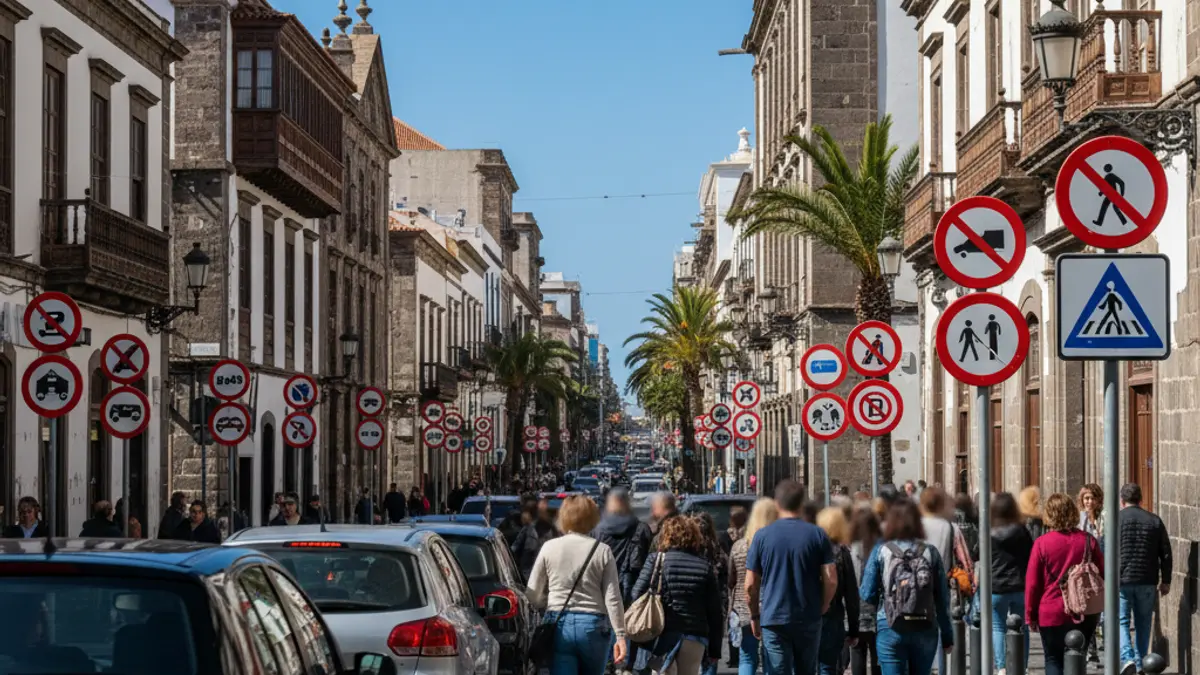 Image of a street in the center of Santa Cruz de Tenerife with traffic signs and historic buildings.