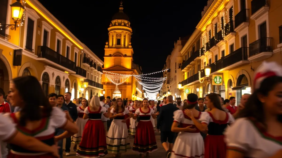 Image of a festive atmosphere in Santa Cruz de Tenerife with people dressed in traditional Canarian costumes.