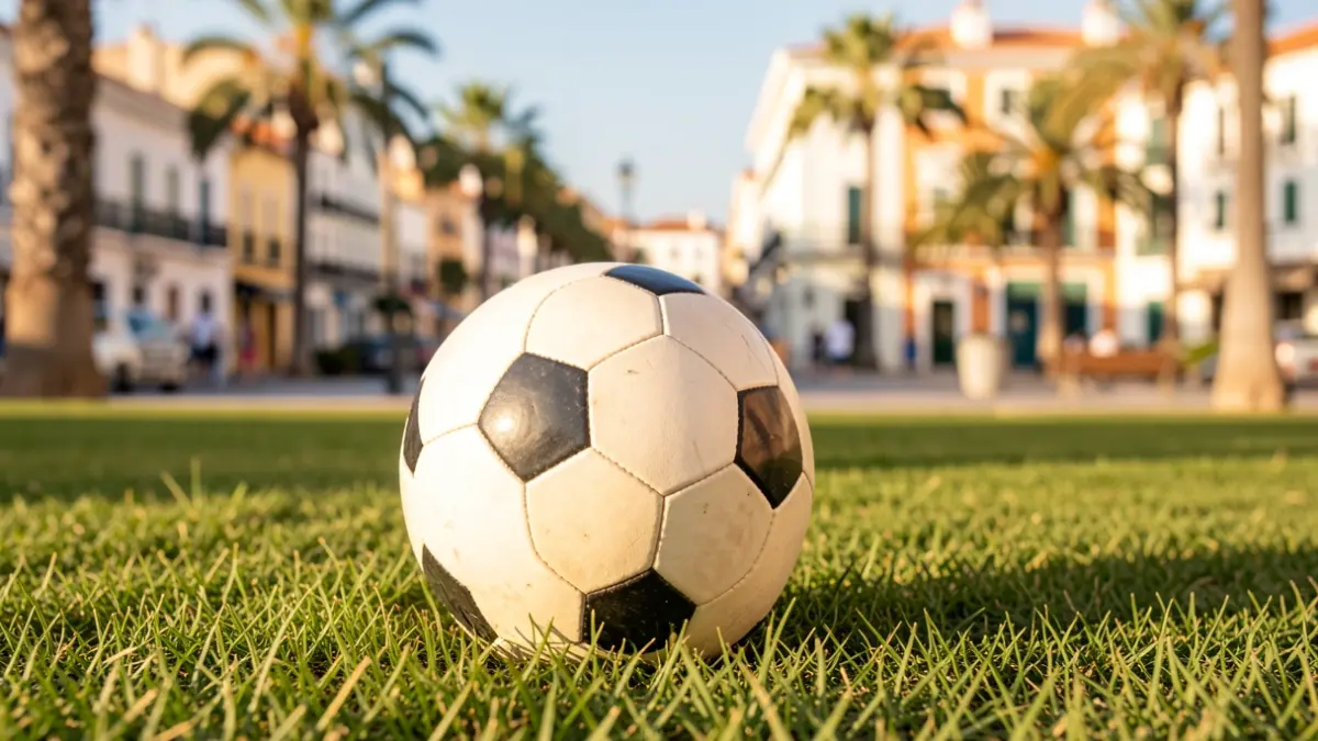 Imagen de un balón de fútbol sobre césped en un entorno deportivo al aire libre.