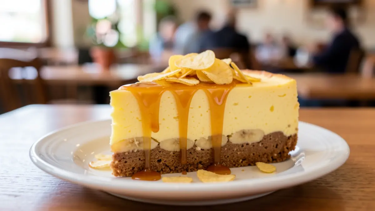 Rebanada de tarta de queso con plátano canario, gofio y topping de Munchitos.