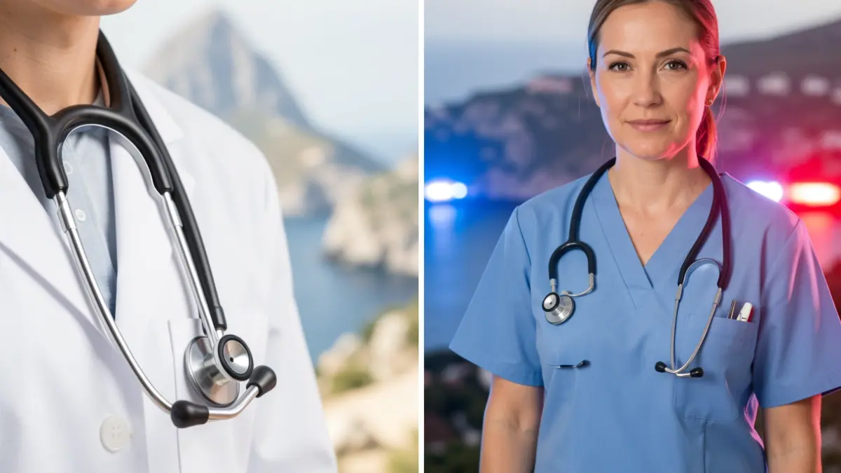 Generic image of a stethoscope and nurse's uniform with emergency light reflections, against a background of the Canary Islands landscape.
