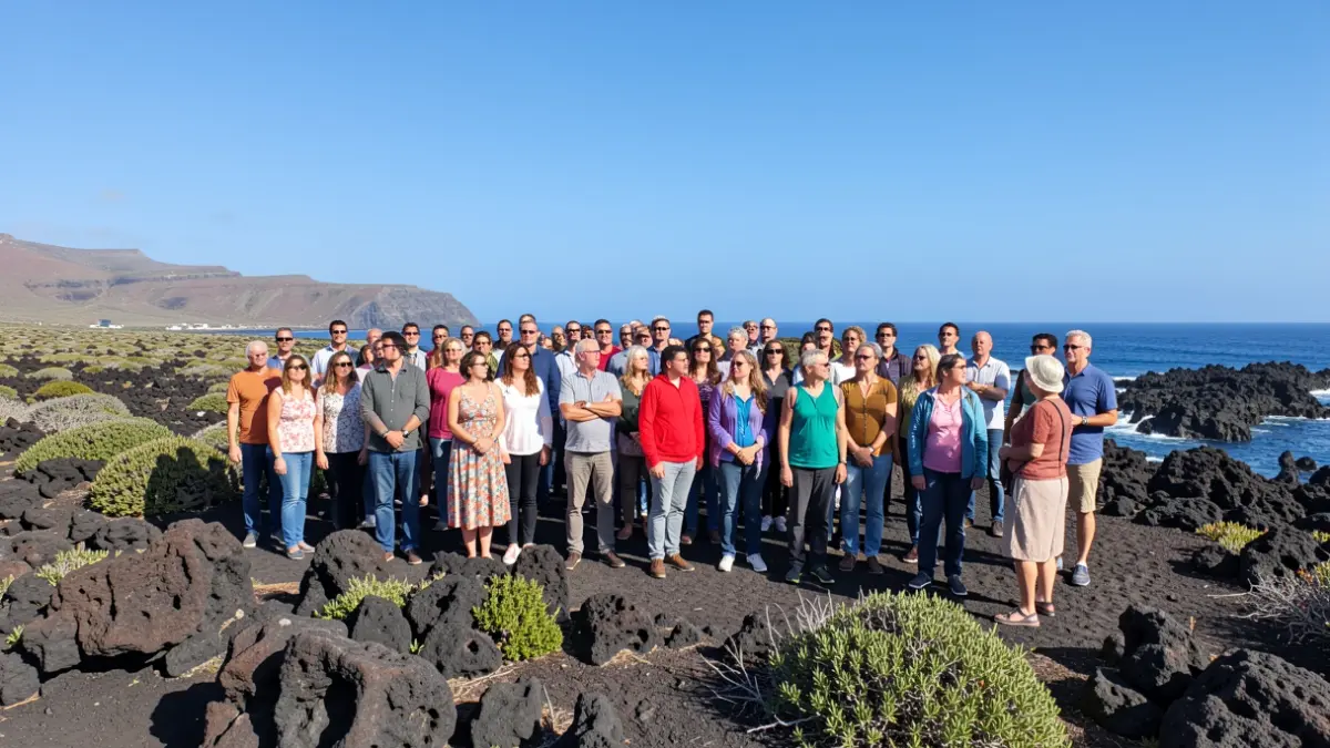 Imagen de un grupo diverso de personas en la costa de Canarias mirando al horizonte con esperanza.