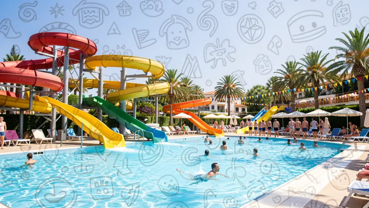 Generic image of a water park with Canarian cultural elements.