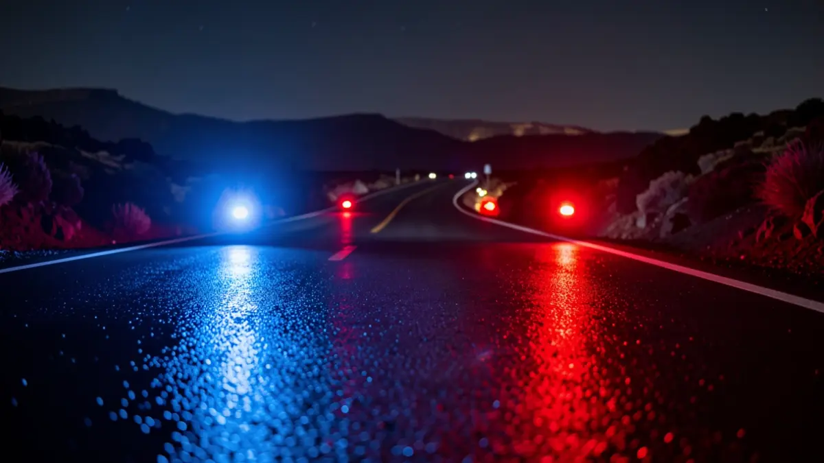 Generic image of police emergency lights reflecting on wet asphalt.