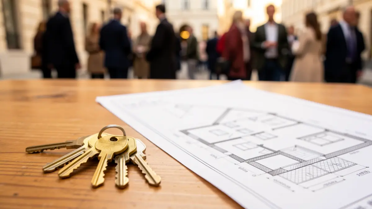 Generic image of keys on construction blueprints, symbolizing the delivery of housing.