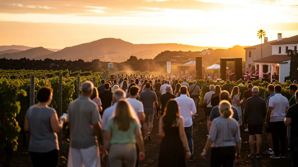 Imagen genérica de un festival de música al atardecer en un viñedo de Lanzarote, con público y paisaje volcánico.