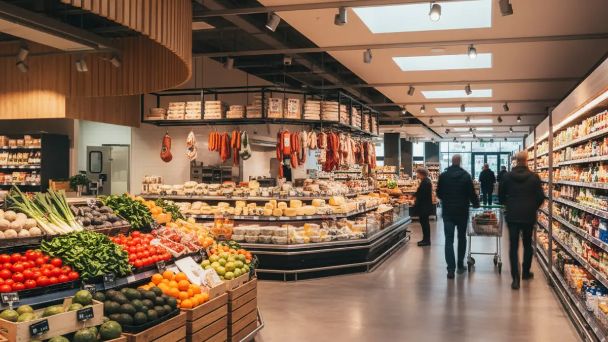 Interior moderno de un supermercado con iluminación LED y secciones de productos frescos.