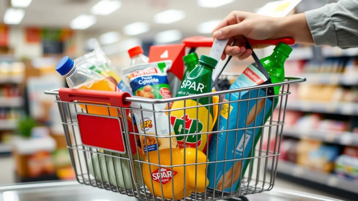 Shopping basket with supermarket products and a purchase receipt.