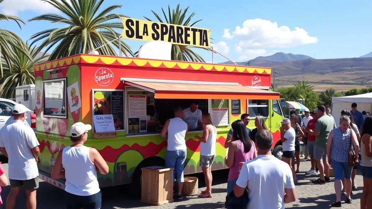 Food truck 'La SPARETA' at the Gran Canaria Me Gusta fair, offering local products.