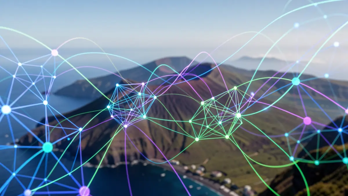 Imagen abstracta de redes neuronales y flujos de datos con un paisaje volcánico de Canarias al fondo.