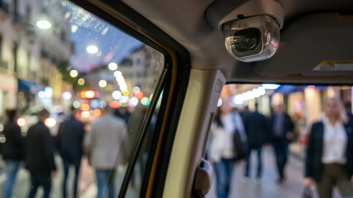 Imagen de una mampara y cámara de seguridad en el interior de un taxi.