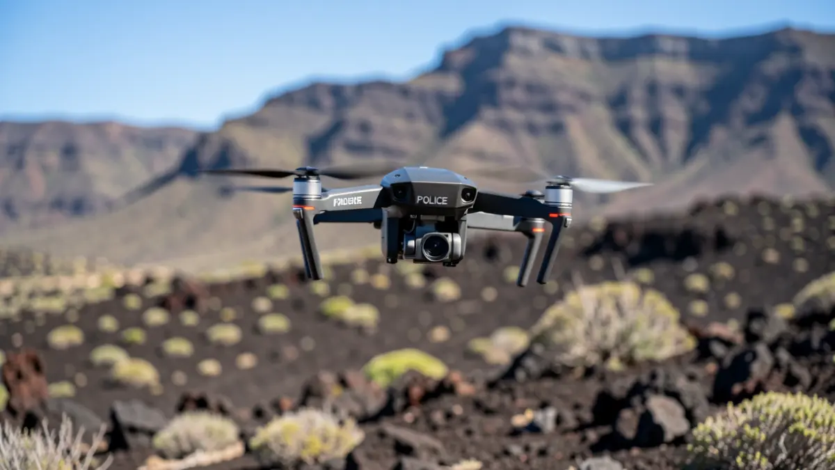 Police drone flying over the mountainous landscape of Tejeda, Gran Canaria.
