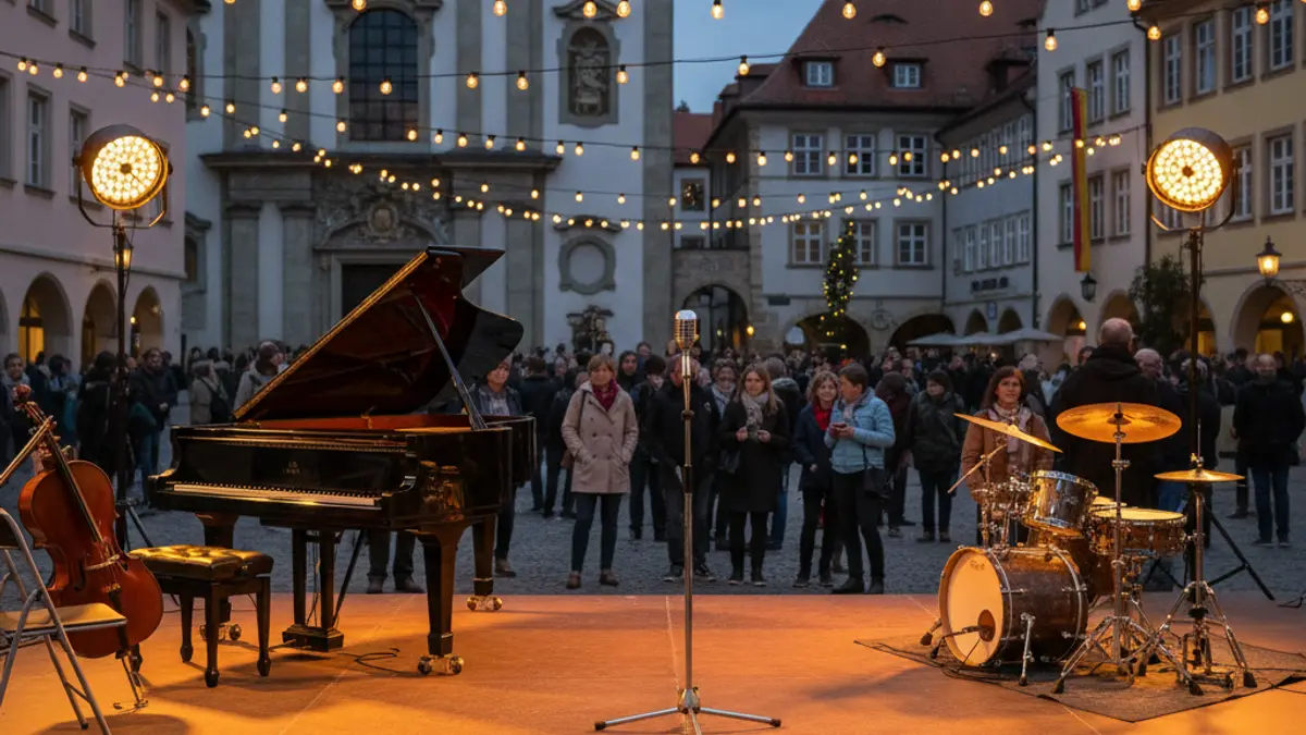 Escenario al aire libre en una plaza histórica de Telde, preparado para un evento cultural con humor y música.