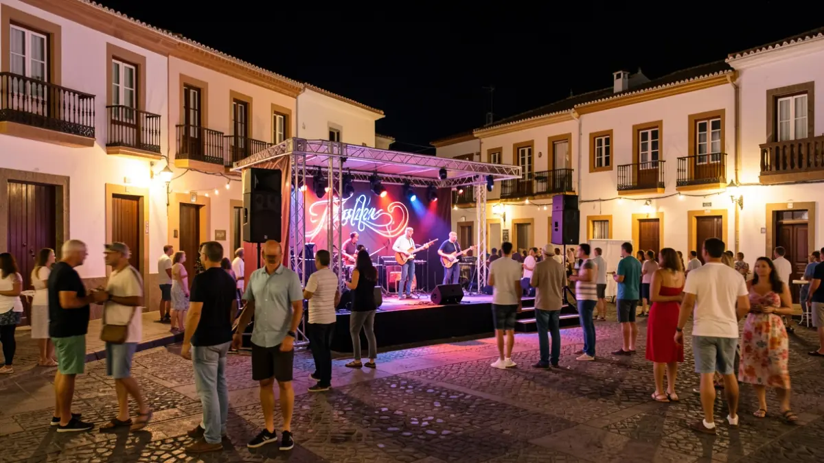 Imagen genérica de una plaza histórica en Canarias durante un evento musical nocturno.