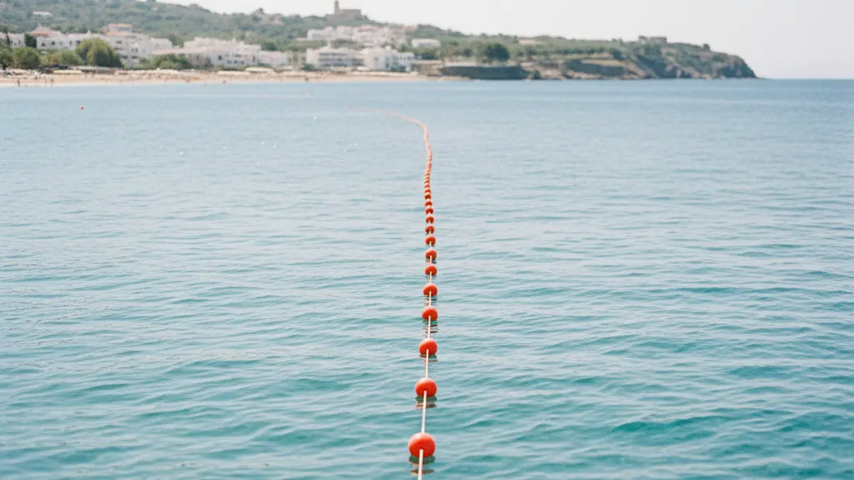 Image of an open water swimming channel with buoys marking the path.
