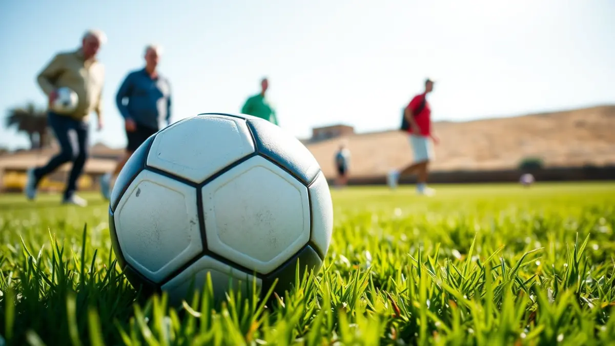 Image of a soccer ball on the grass, with elderly people playing in the background.