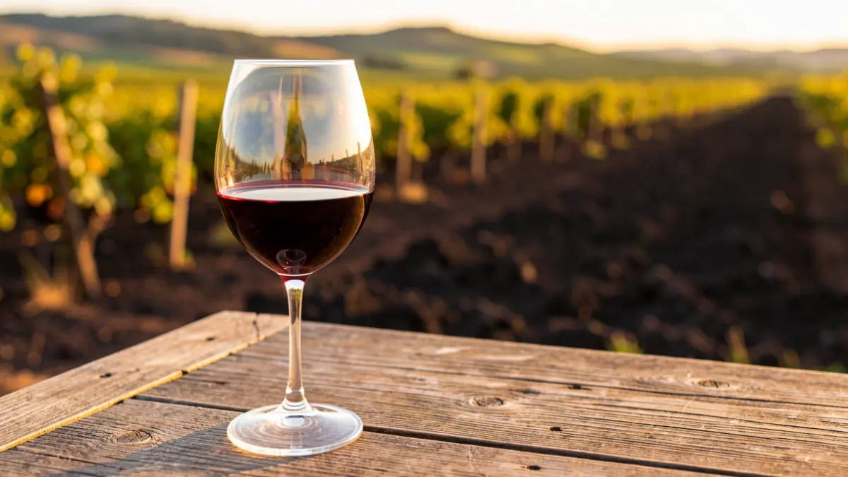 Copa de vino sobre una mesa de madera con un viñedo volcánico desenfocado al fondo.