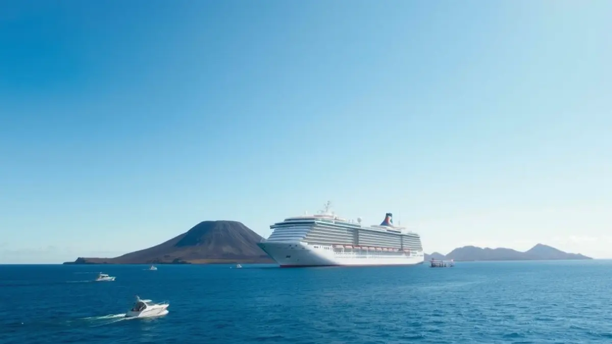 Image of a cruise ship anchored off the coast of a volcanic island, with small boats in motion.
