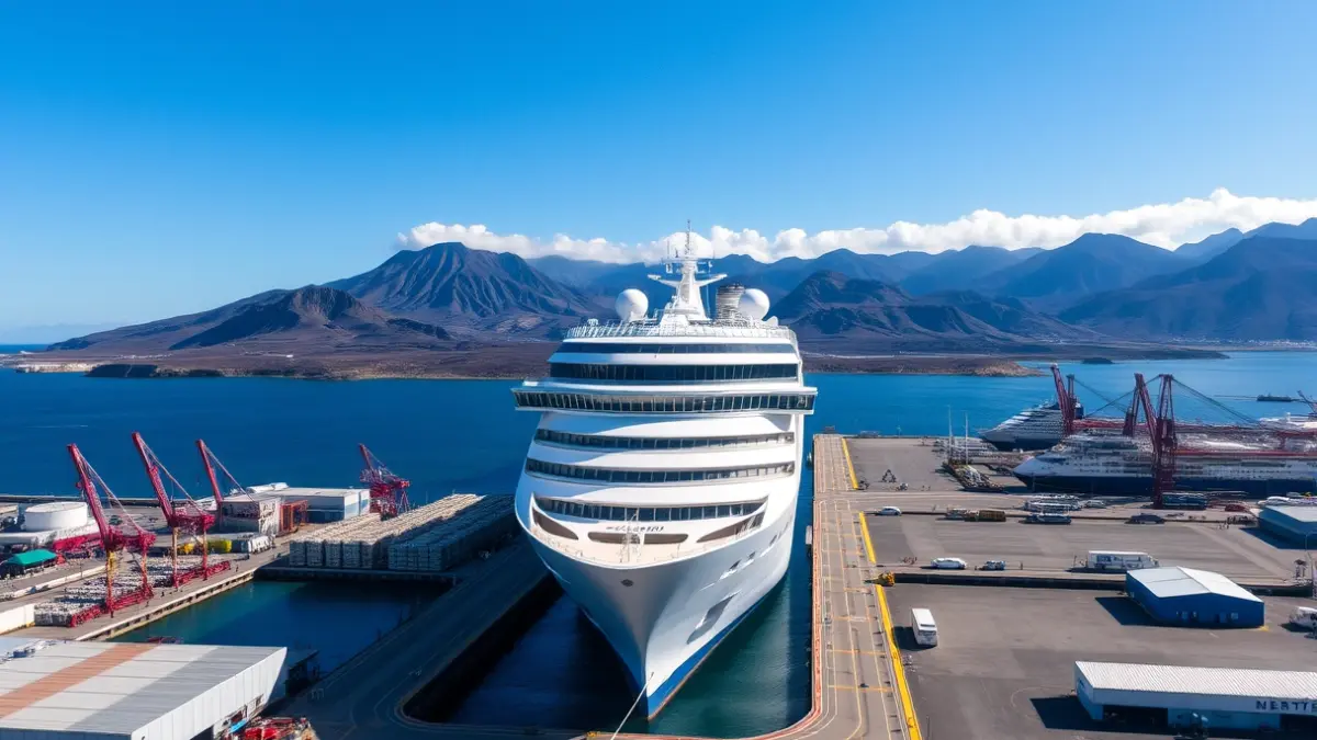 Image of a cruise ship docked at Granadilla port, Tenerife.