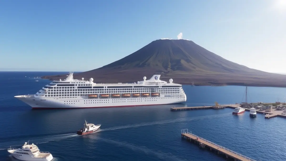 Image of a cruise ship anchored off the coast of Tenerife, with small boats transferring passengers to the port.