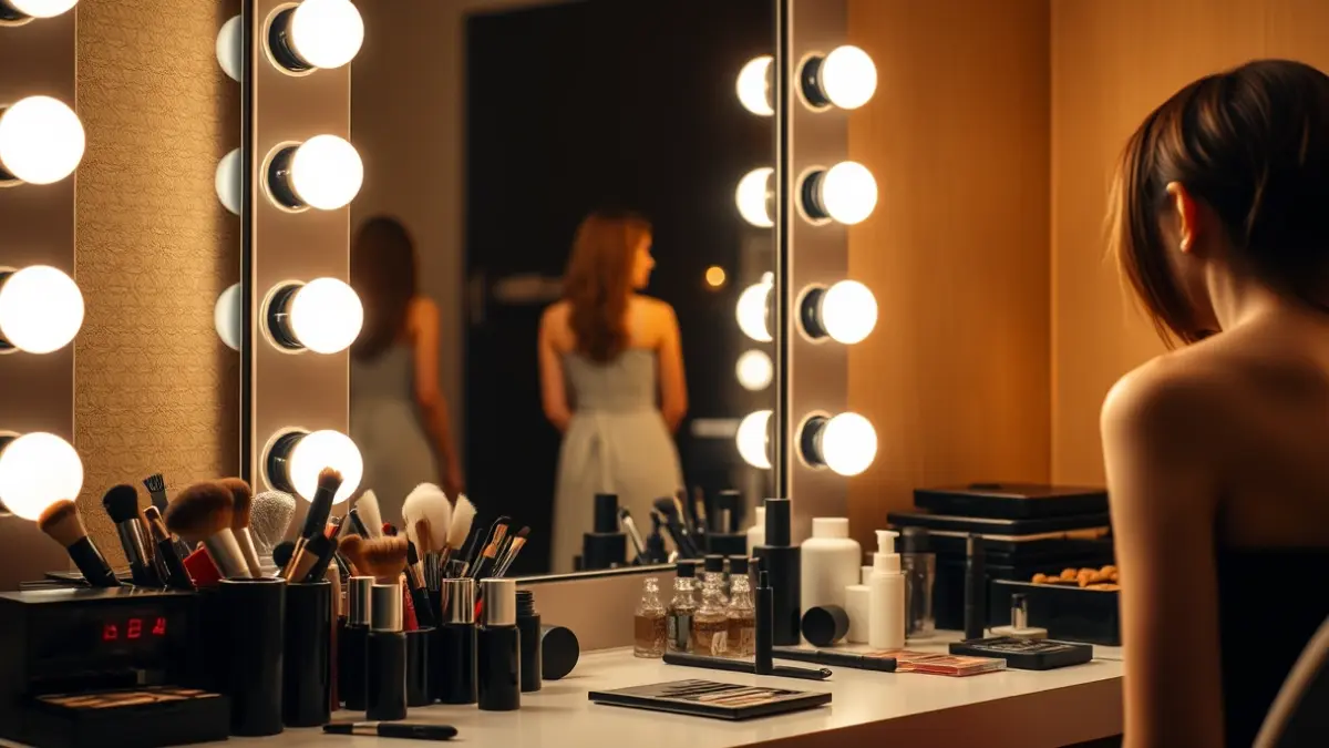 Imagen de un camerino antes de un evento, con productos de maquillaje y un espejo.
