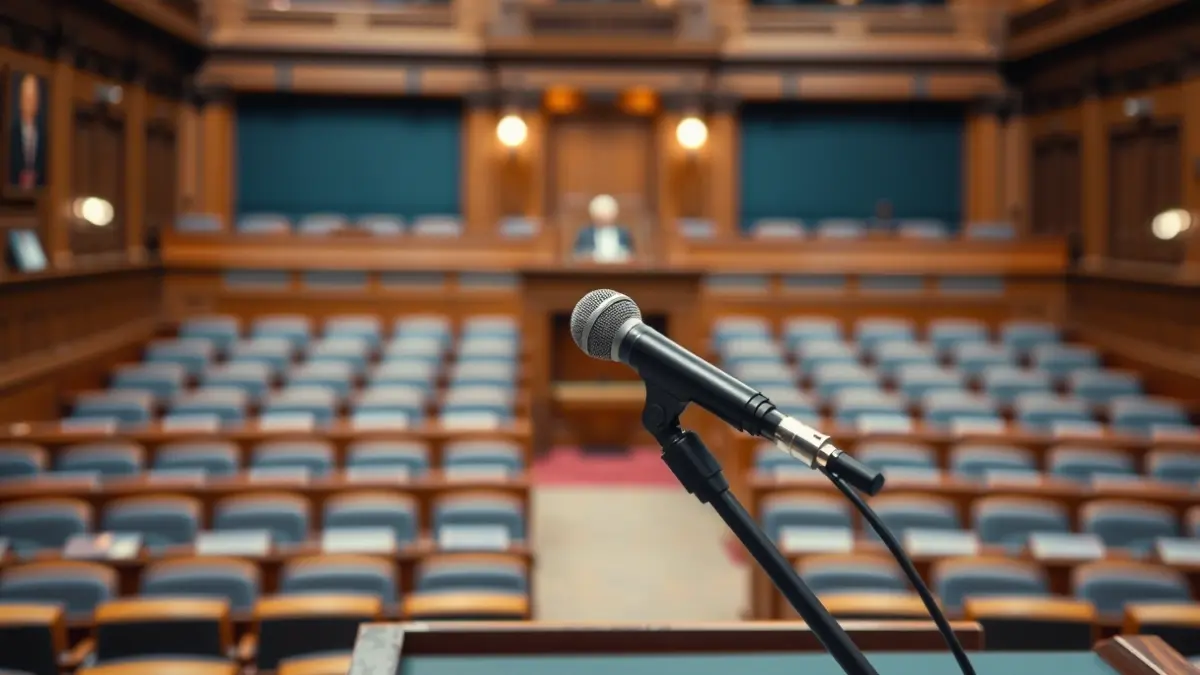 Generic image of a microphone on a podium in an empty council chamber.