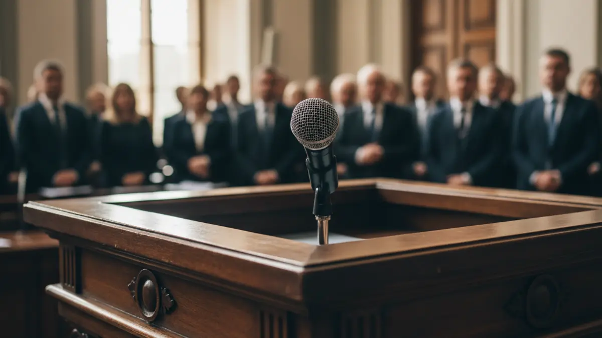 Generic image of a microphone on a podium, symbolizing a political debate or official statement.