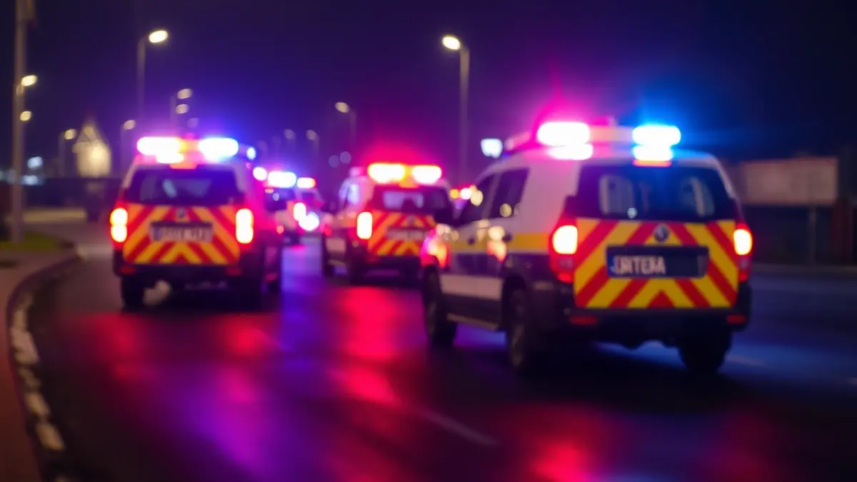 Imagen genérica de luces de emergencia reflejadas en asfalto mojado en un puerto.