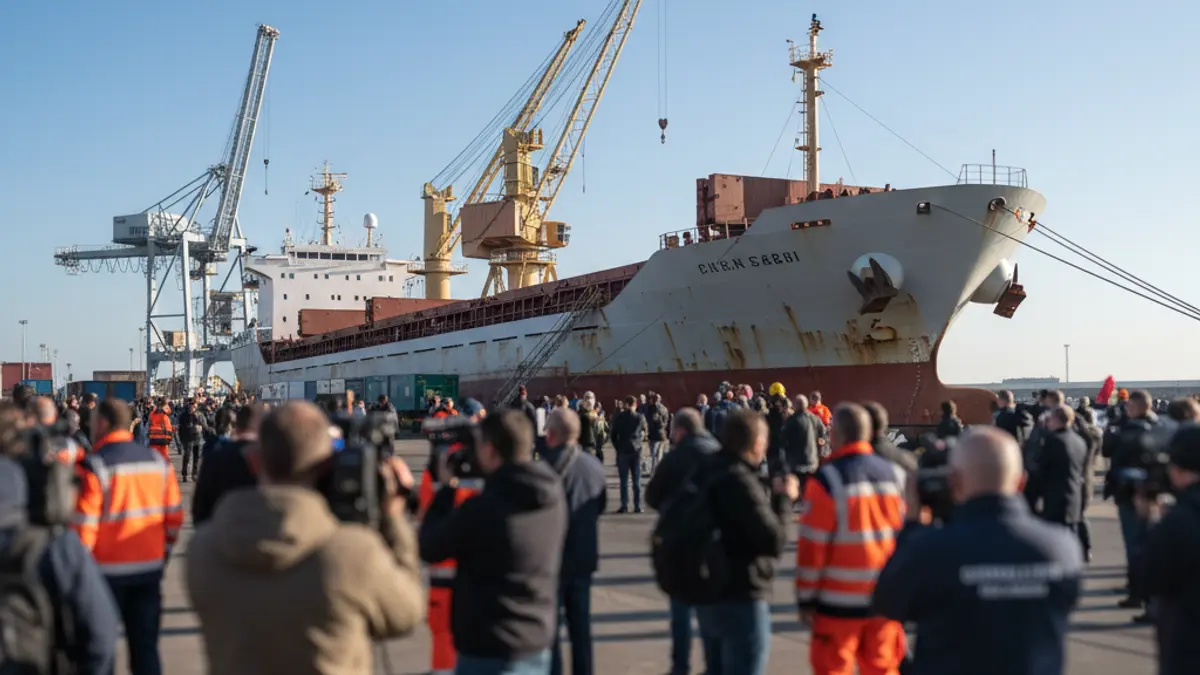 Image of a cruise ship arriving at a port, with journalists and authorities present.