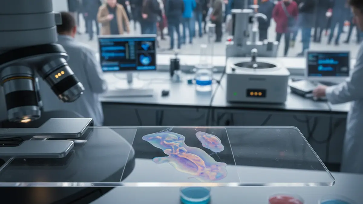 Imagen genérica de investigación médica con células bajo un microscopio.