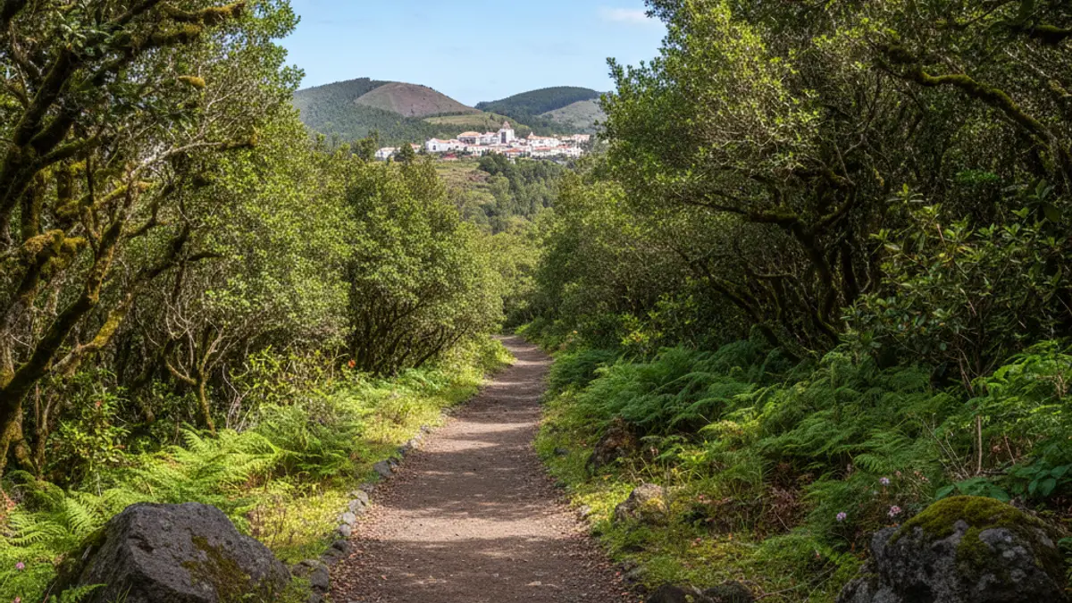 Image of a mountain trail in Gran Canaria, with vegetation and traditional architecture.