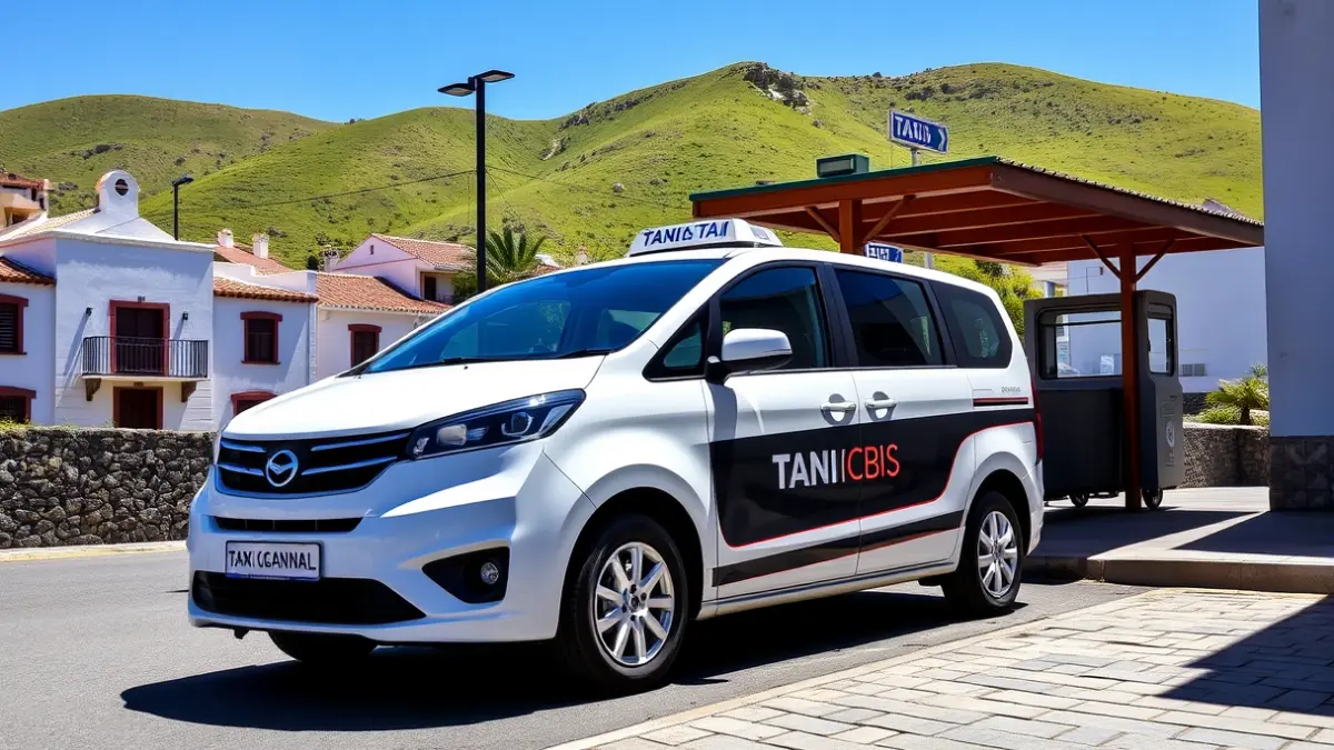 Image of a taxi at a bus stop in a rural Canary Islands town, with traditional architecture and green hills.