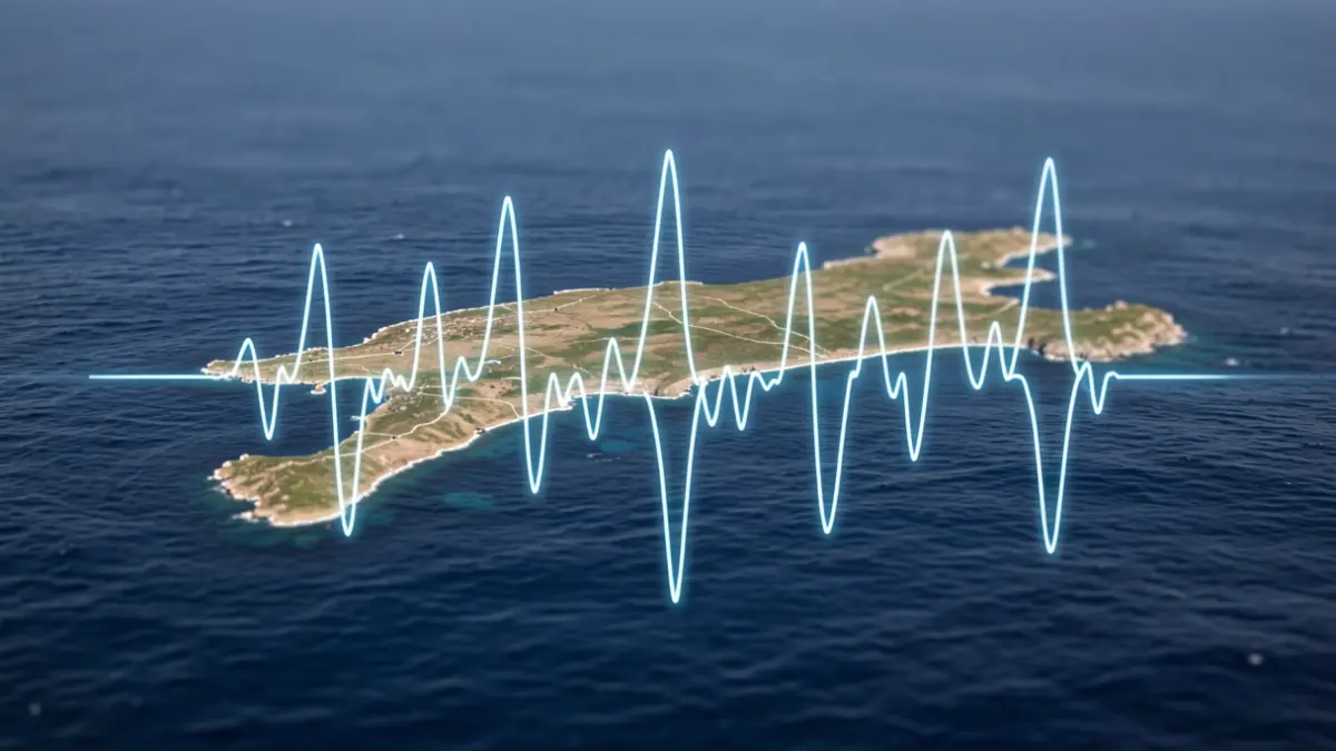 Gráfico de onda sísmica sobre un mapa de Canarias indicando un terremoto.