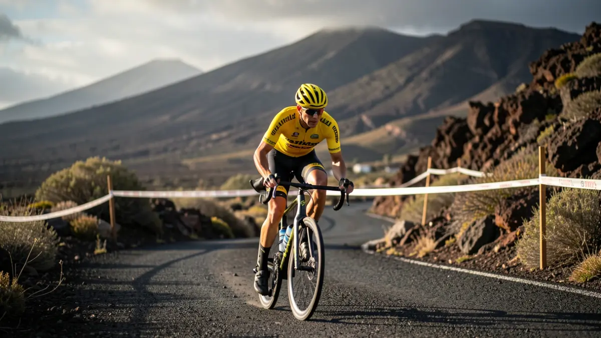 Ciclista en maillot amarillo cruzando la meta en una etapa de montaña de la Transgrancanaria Bike.