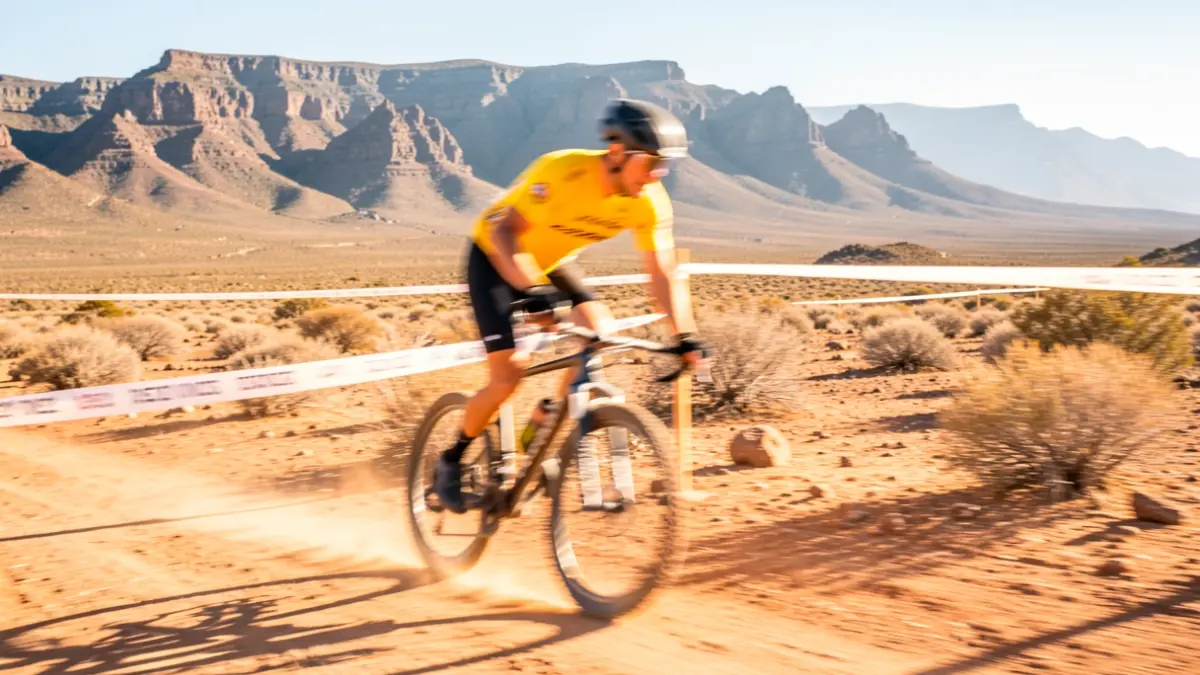 Generic image of a cyclist crossing the finish line in an arid landscape of the Canary Islands.