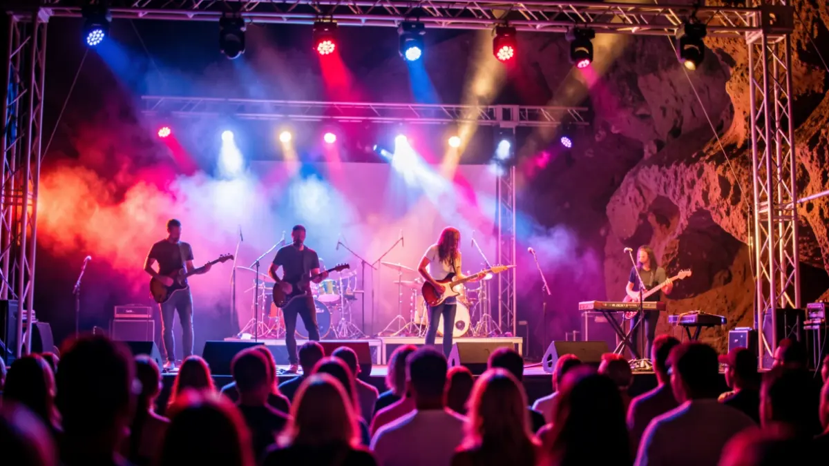 Imagen genérica de un concierto con luces y siluetas de músicos en Canarias.