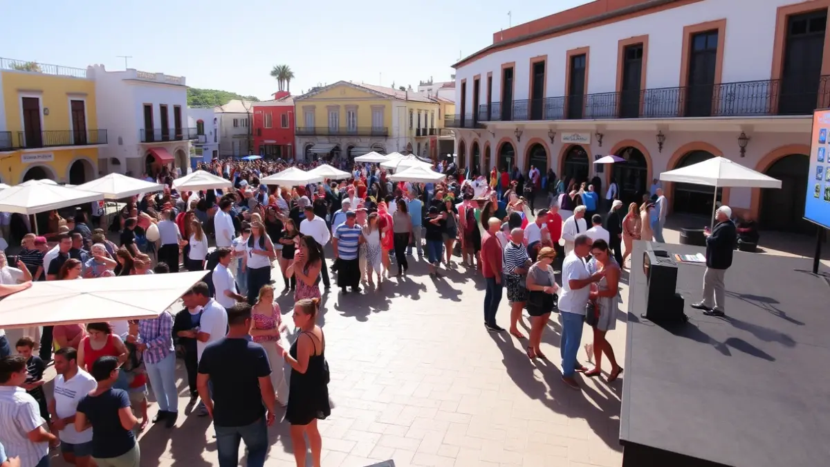 Image of an outdoor job fair in a Canary Islands plaza.