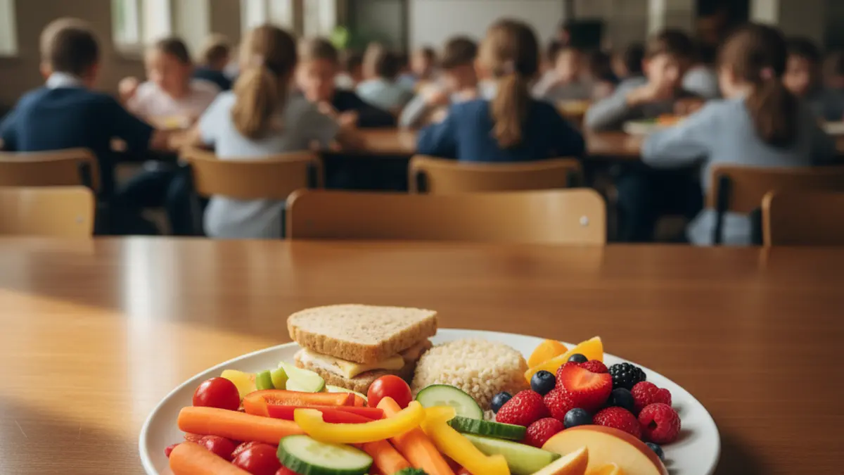 Generic image of a healthy food plate in a school cafeteria.