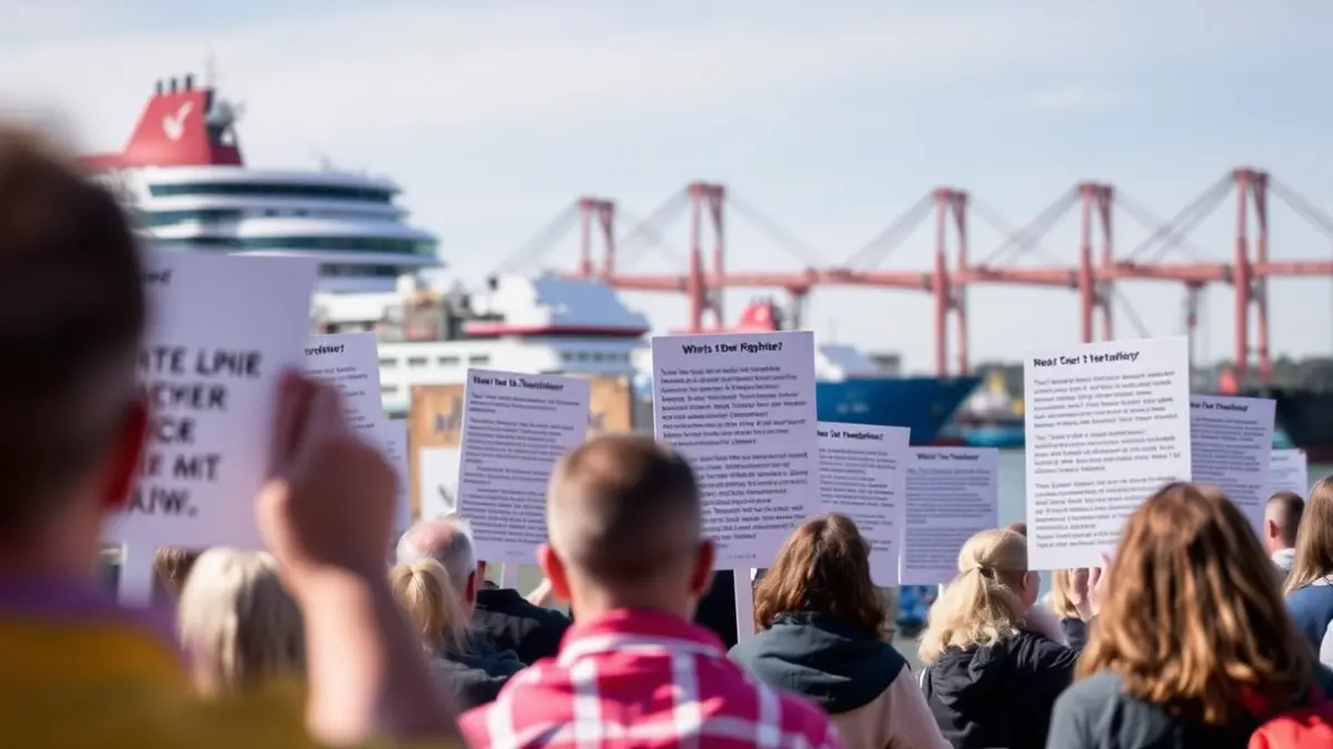 Image of a protest at a port, with people and ships in the background.