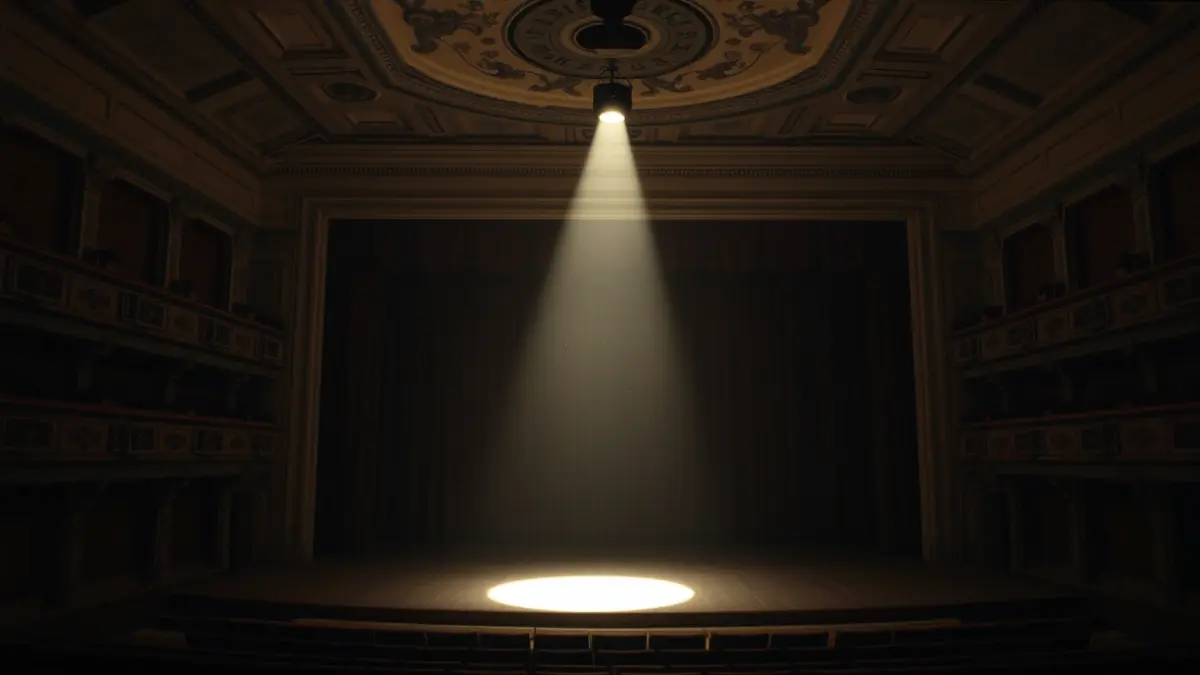 Stage of an old theater, lit by a single spotlight, evoking mystery and the past.