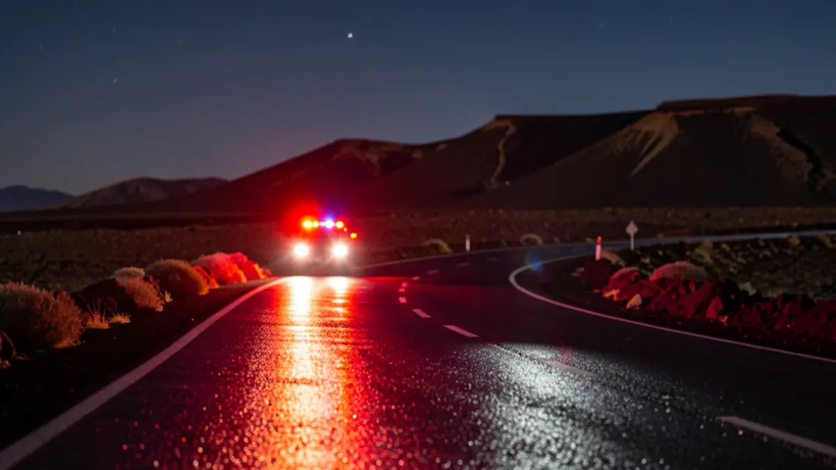 Generic image of emergency lights on a wet road at night in Lanzarote.