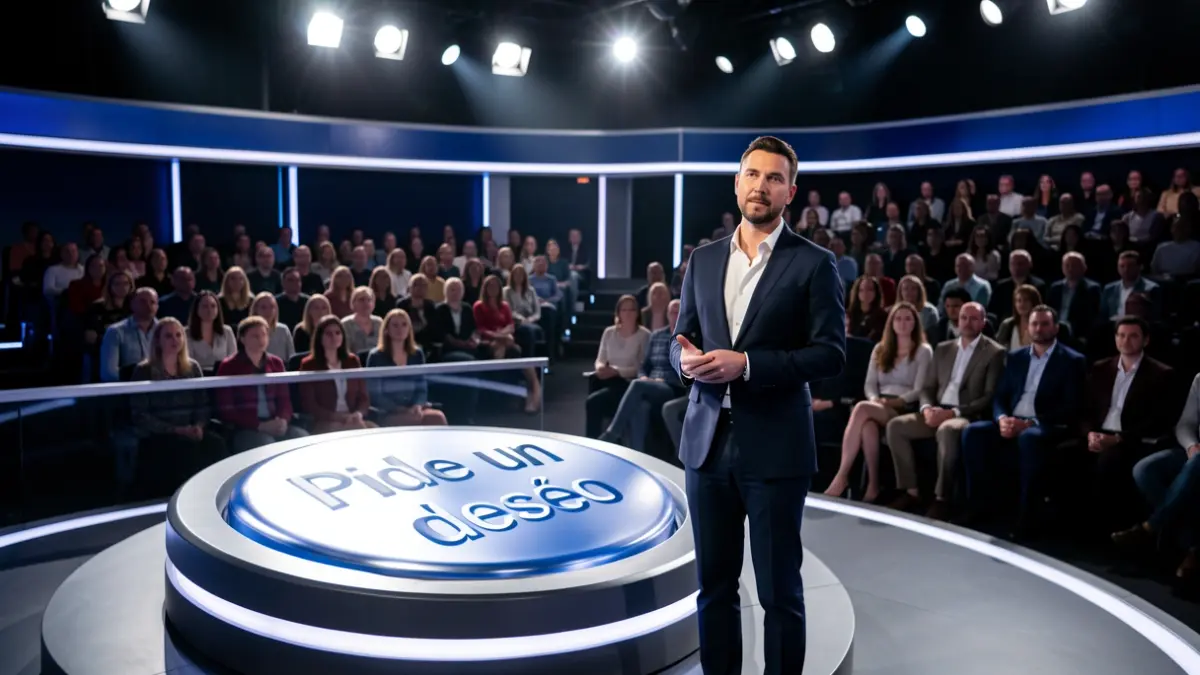 Generic image of a television studio with a contestant and a mysterious button.
