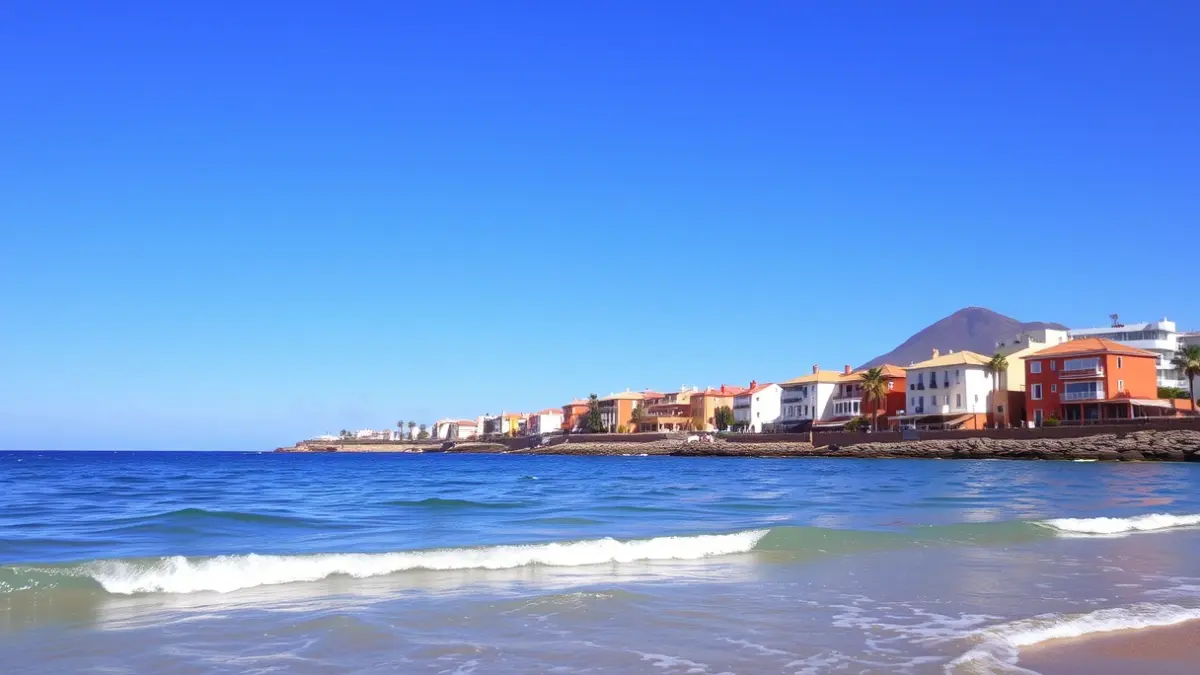 Imagen de un día soleado en una playa de Fuerteventura, con arquitectura tradicional canaria al fondo.