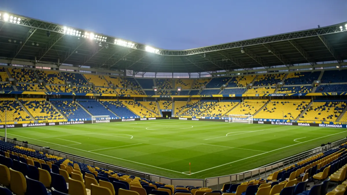 Generic image of a football stadium at dusk, with the pitch illuminated and empty seats.