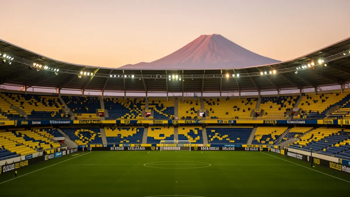 Imagen genérica del Estadio de Gran Canaria con los colores del equipo y el Teide al fondo.