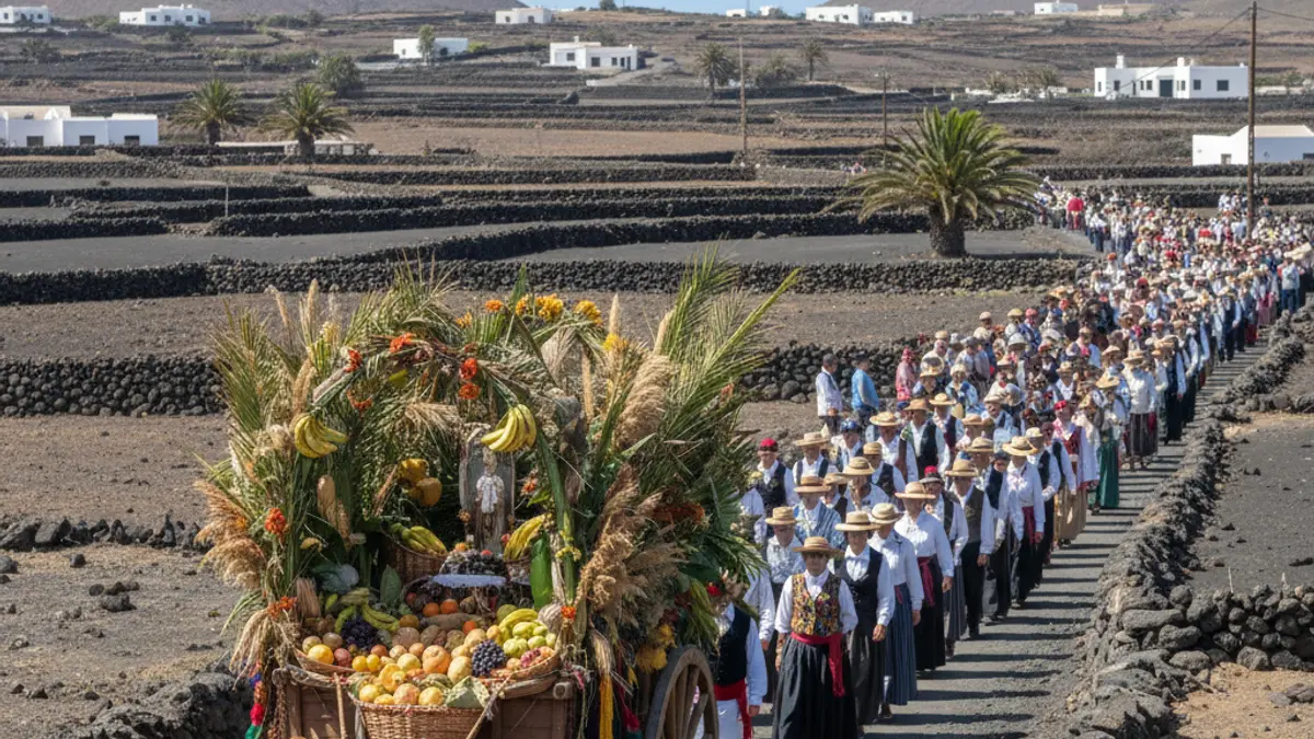Imagen de una romería tradicional canaria con un carro decorado y ofrendas agrícolas.