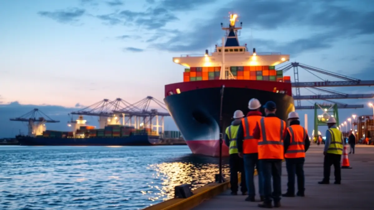 Imagen genérica de un puerto al atardecer con un buque atracado y trabajadores en el muelle.