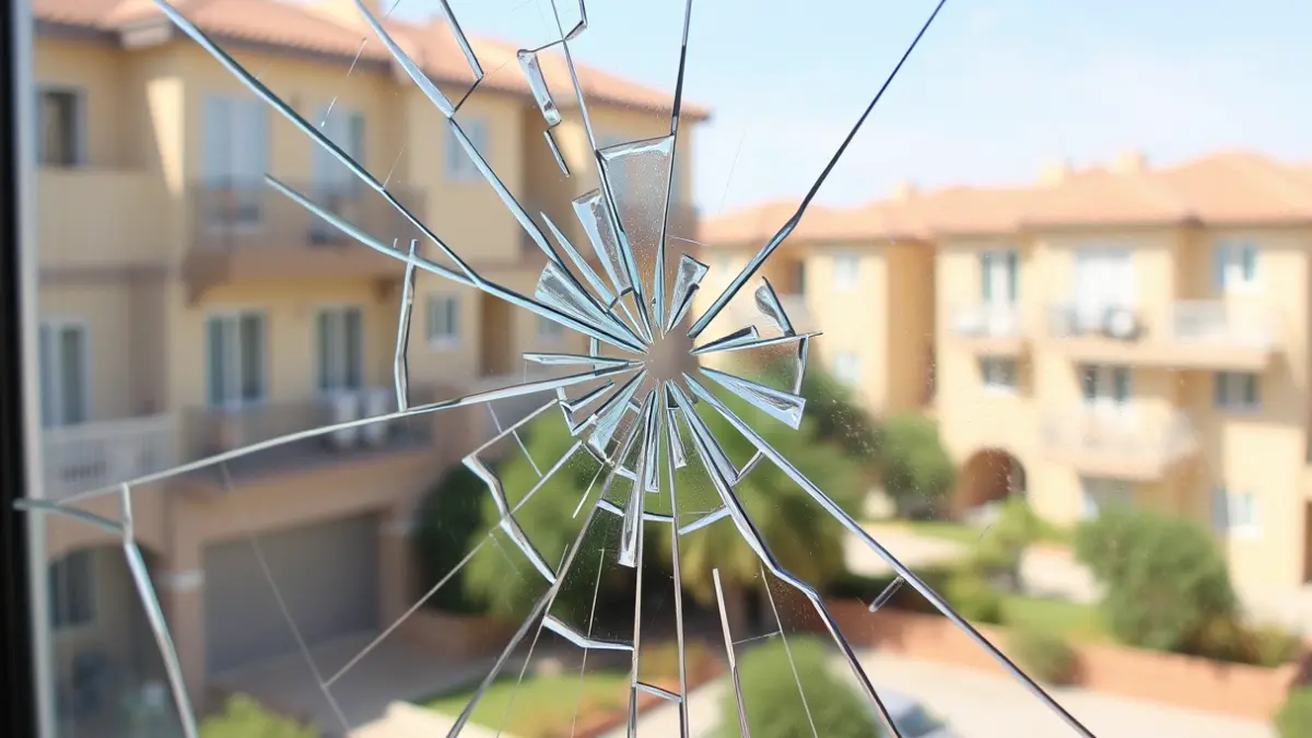 Broken window of a dwelling, indicating a forced entry robbery.