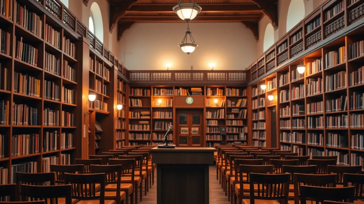 Imagen genérica de un interior de biblioteca con un podio y sillas, iluminado cálidamente.
